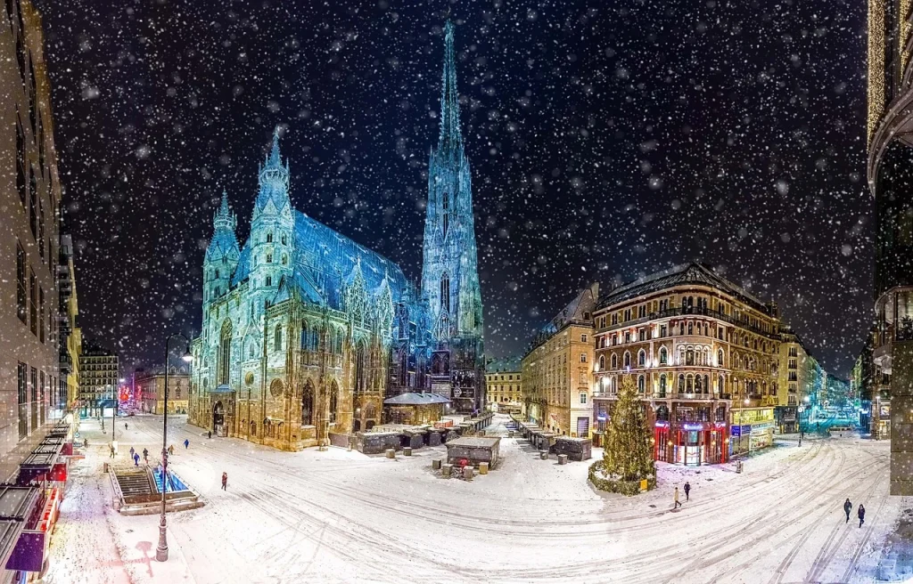 St. Stephen’s Cathedral and Stephansplatz in Vienna during a snowy winter night