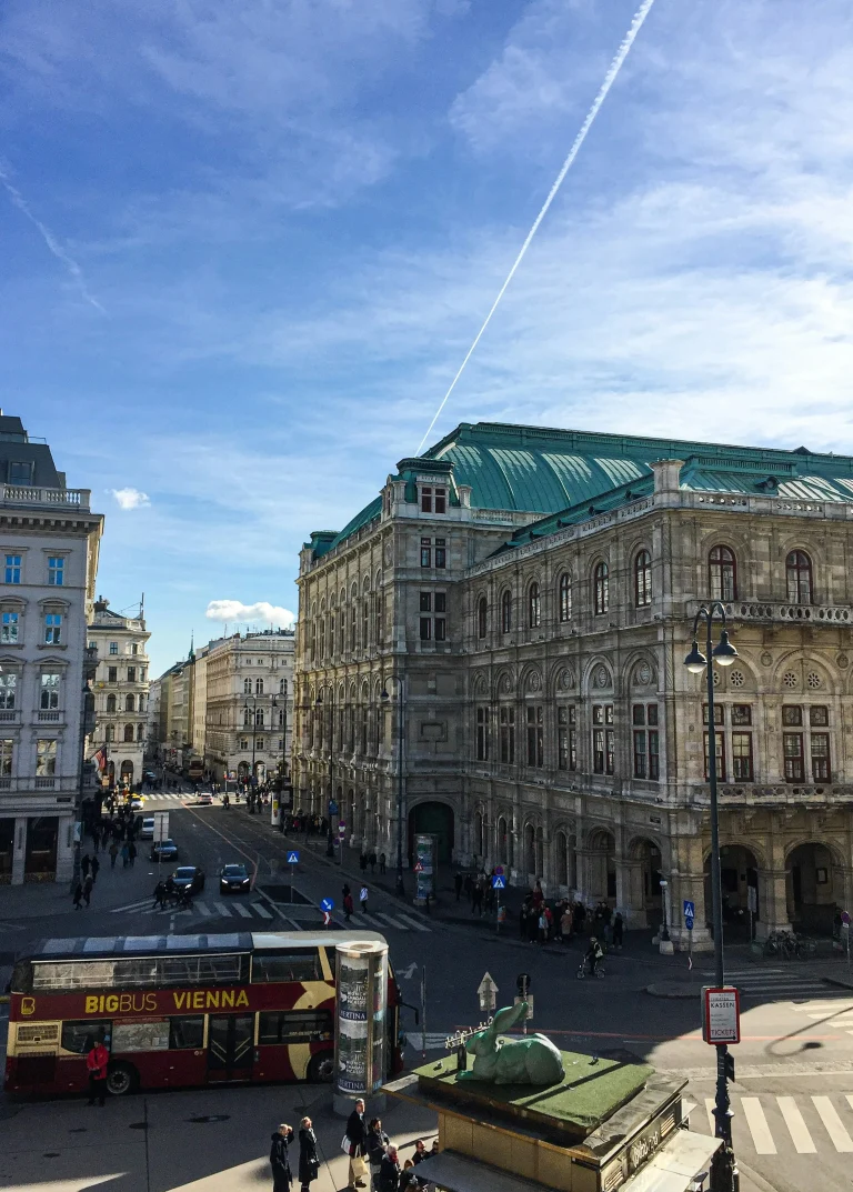 Wiener Staatsoper mit Big-Bus-Sightseeingbus bei Sonnenschein im Stadtzentrum